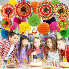 Mexican Party Decorations, 21 Pcs Multi-Color Paper Fans, Pom Poms Flowers for M