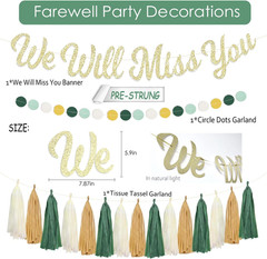 Sage Green Farewell Party Decorations, Gold We Will Miss You Banner Honeycomb Ba
