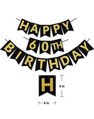 BLACK & GOLD 60th Birthday/Anniv Banner, Pom Poms, Sparkling 60 Hanging Swirls