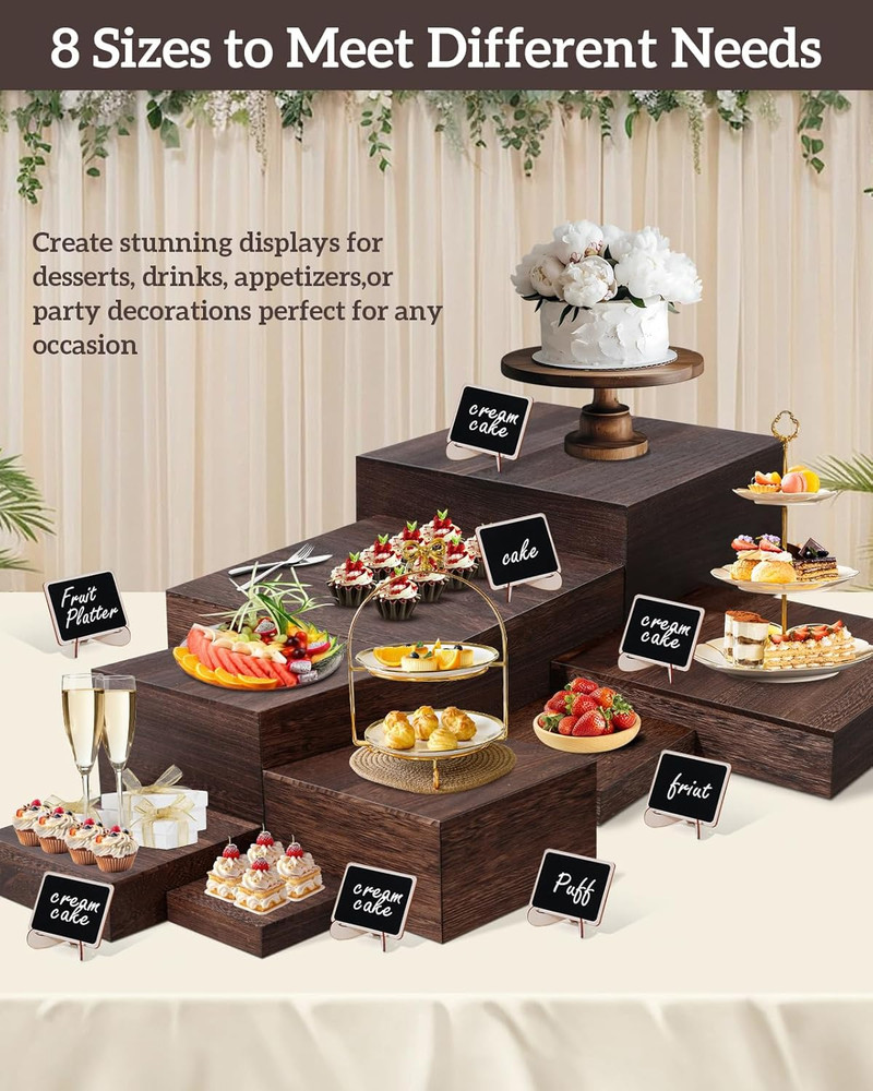 8 Size Nested Buffet Risers with Mini Signs, 8PCS Rustic Wooden Cake & Dessert D