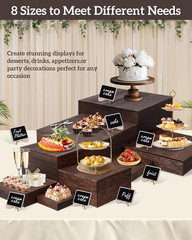 8 Size Nested Buffet Risers with Mini Signs, 8PCS Rustic Wooden Cake & Dessert D