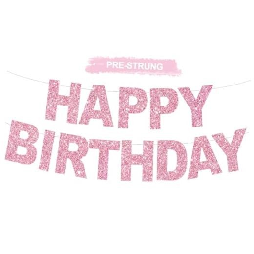 Happy Birthday Banner – Pre-Strung No DIY Birthday Decorations – Happy pink