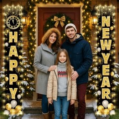 2026 Happy New Year Banner with String Lights, 72×12 Inch Large Front Door Po…