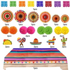 Fiesta Party Decorations, Multicoloured Tablecover Fans Pompoms Decorations M…