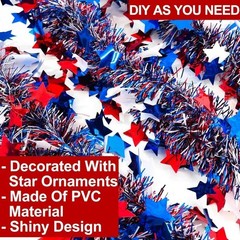 50 Ft Patriotic Star Garland, Red White Blue Metallic Tinsel with 5-Pointed S…
