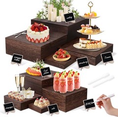 8 Size Nested Buffet Risers W/ Mini Signs 8PCS Rustic Wooden Cake & Dessert