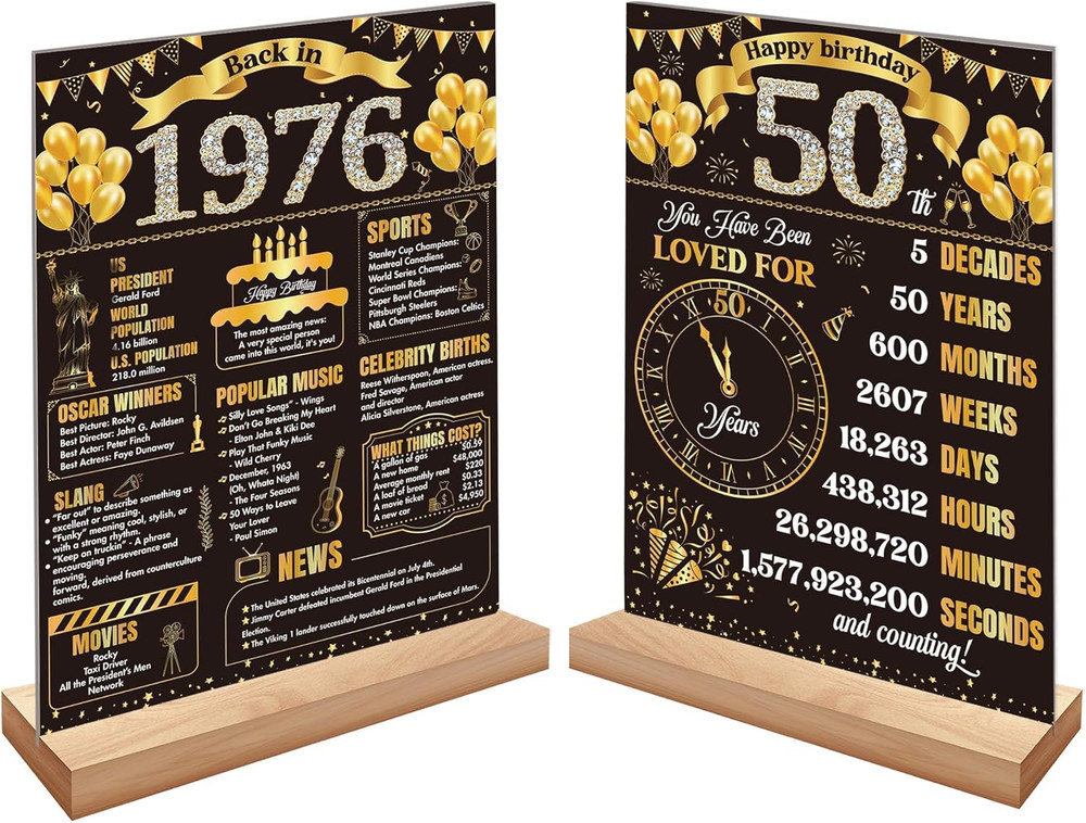Black Gold 50Th Birthday Decorations for Men Women Vintage Wooden Two-Sided Back