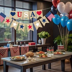4th of July Decorations Memorial Day Red Blue Hearts USA Garland Banner Gift