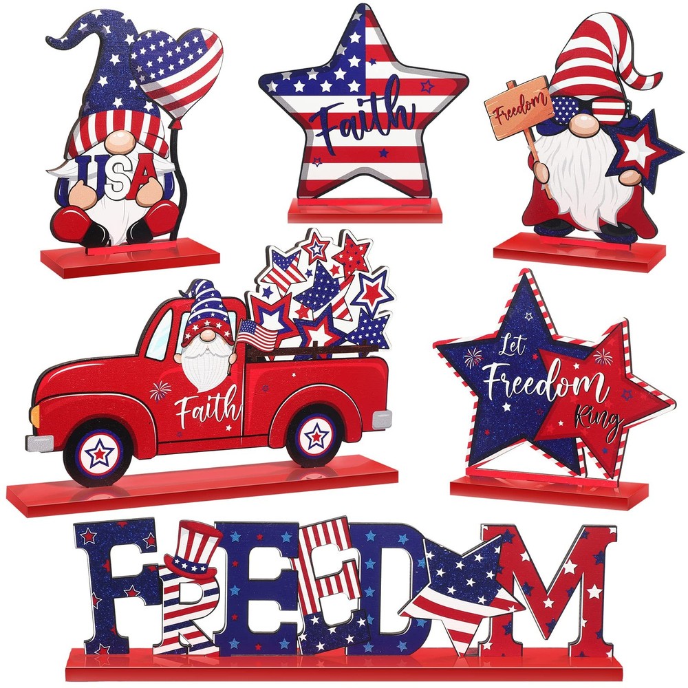 6 Pieces Patriotic Table Decor Memorial Day Table Decorations Wooden Gnome Fr…