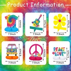 12 Pcs Tie Dye Hippie Party Honeycomb Centerpieces Decorations 60’s 70s Themed T