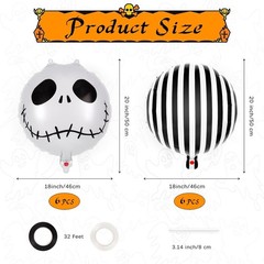 6 Pcs Black & White Foil Striped Balloons Skeletons Skull Halloween Decorations