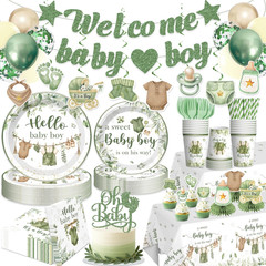 Xynic 201PCS Greenery Baby Shower Decorations Boy Tableware Set, 25 Serves Dispo