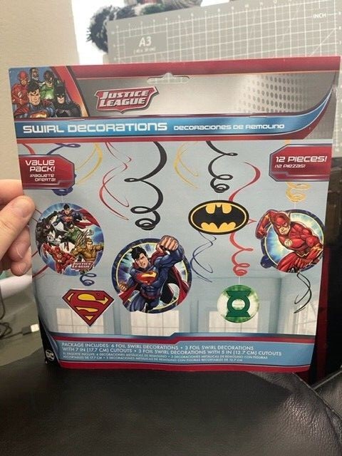 JUSTICE LEAGUE HANGING SWIRL DECORATIONS (12) ~ Birthday Party Supplies Foil New