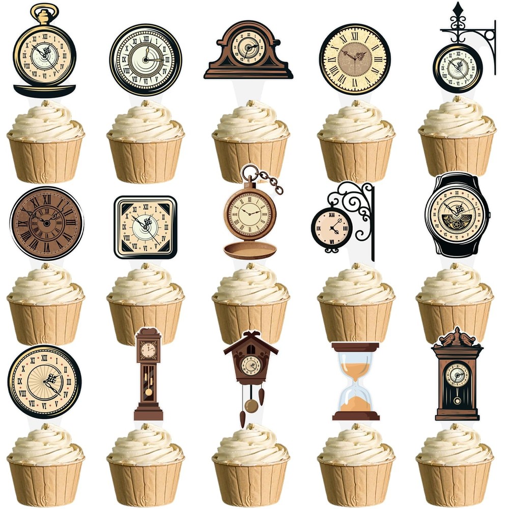 Clock Cupcake Toppers 48PCS Vintage Time Theme Decorations Retro Clock Cake P…
