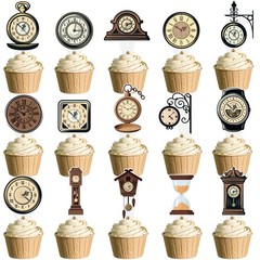 Clock Cupcake Toppers 48PCS Vintage Time Theme Decorations Retro Clock Cake P…