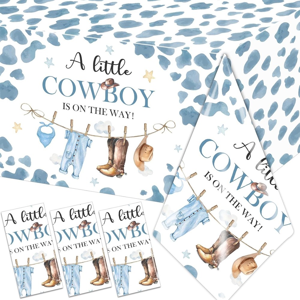 Little Cowboy Baby Shower Decorations-3pcs Western Tablecloth Cowboy Table Cover