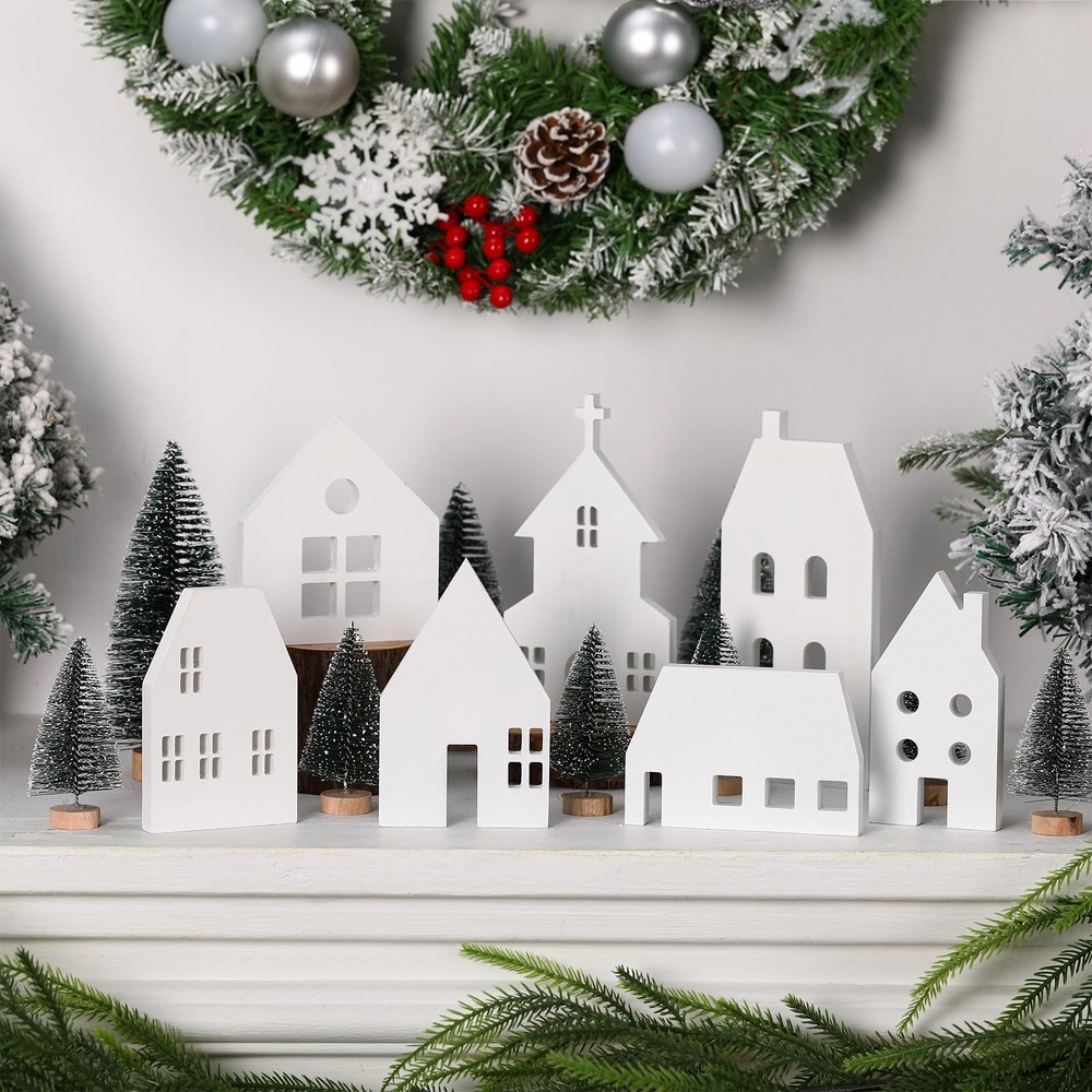 16 Pcs White Christmas Village Set with Cedar Pine Decor Wooden House Blocks …