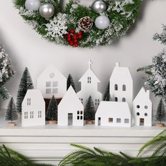 16 Pcs White Christmas Village Set with Cedar Pine Decor Wooden House Blocks …