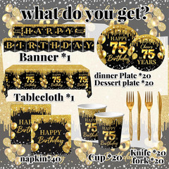 75th Birthday Decorations for Men Women, 142Pcs Black Gold 75th Birthday Deco…