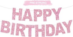 Happy Birthday Banner – Pink Pre-Strung No DIY Birthday Decorations – Happy B…