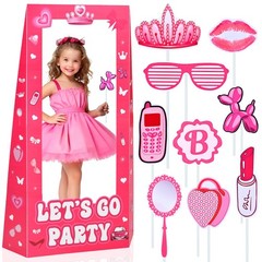 4.5FT Life Size Doll Photo Booth with 9Pcs Photo Props, Pink Princess Party D…