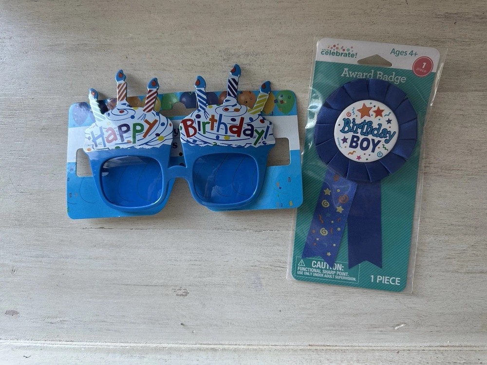Birthday Award Ribbon Boy Badge 3″ And Novelty Glasses New