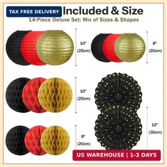 14 Pack Red Black and Gold Party Decorations Kit, Hanging Paper Lanterns & Fans