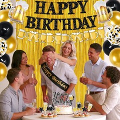 Black and Gold Birthday Decorations, 45PCS Happy Birthday Balloons Decorations f