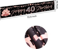 40th Birthday Banner Decorations for Women, Rose Gold Happy 40 Year Old Birthday