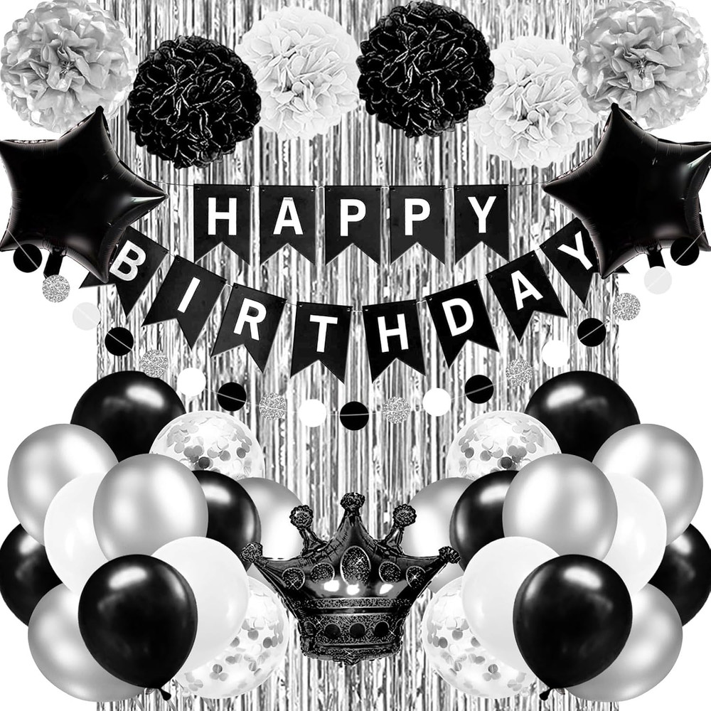 Black and Silver Birthday Party Decorations for Men Women Boys Girls Happy Birth