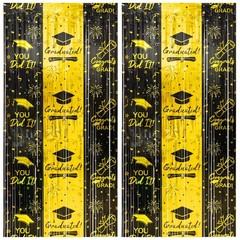 2 Pack Black Gold Graduation Tinsel Foil Fringe Curtain Backdrop 3.3×6.6 FT