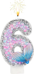 Number 6 Glitter Mermaid Tail Birthday Candles for Girls, 6th Pink Pearl Mermaid