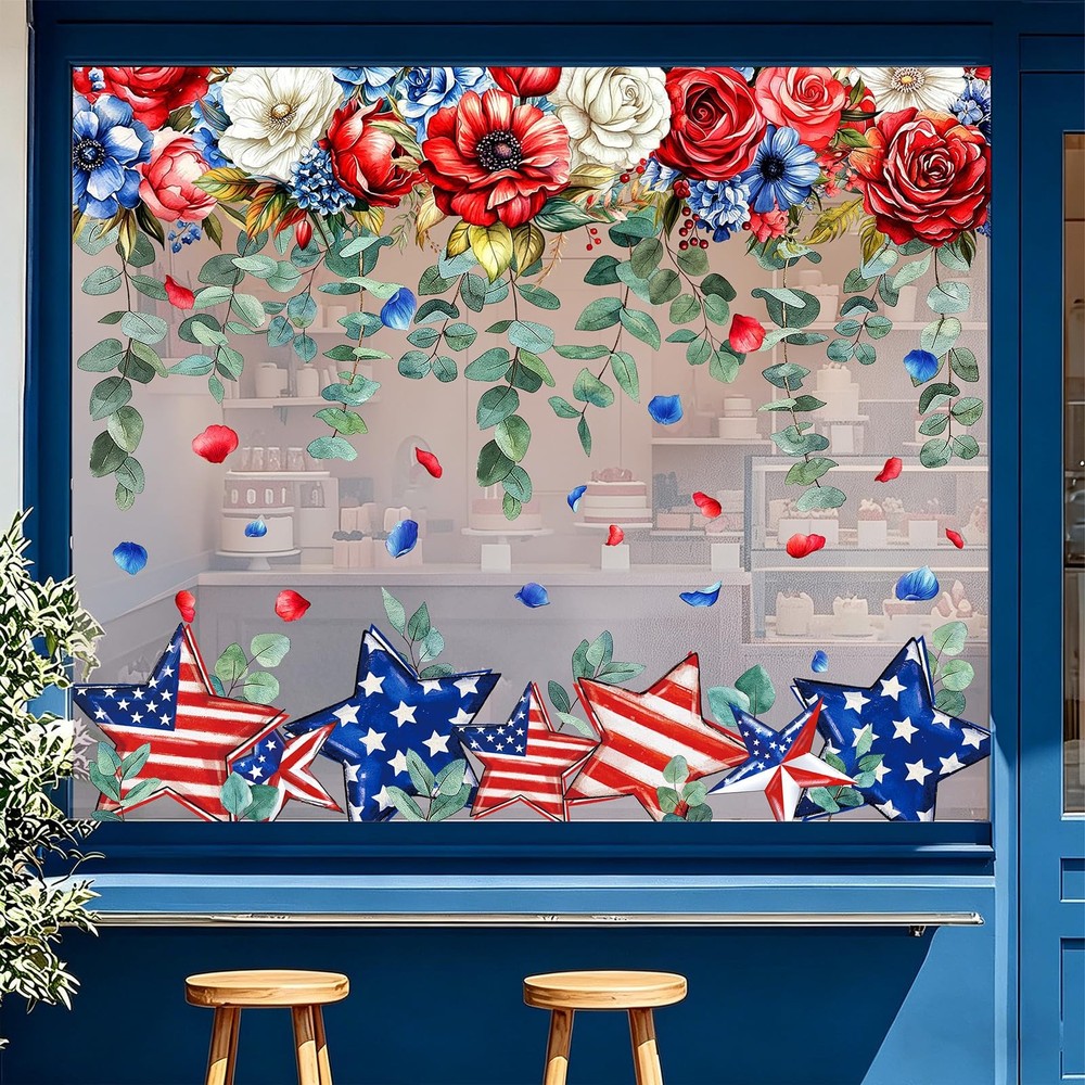 8 Sheets Patriotic Window Clings Large 4th of July Window Stickers Red Blue