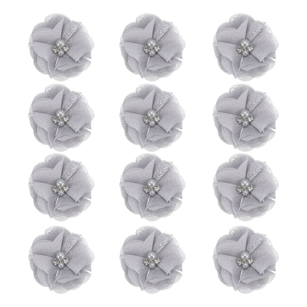 12Pcs 2″ Chiffon Flowers with Rhinestone Pearl Sewing Fabric Flowers, Gray