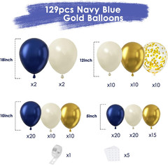 Navy Blue Gold White Balloons Arch Kit -129Pcs Double Stuffed Royal Blue Chrome