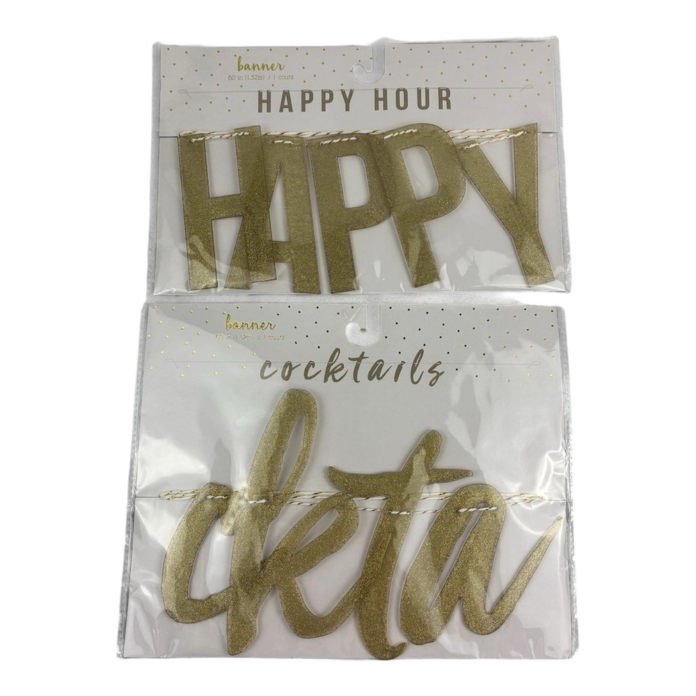Target Happy Hour & cocktails Plastic Gold Sparkle Banners on String 60″ NEW