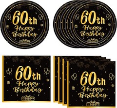 Stylish 60th Birthday Celebration Kit – 40PCS Black & Gold Paper Plates/Napkins