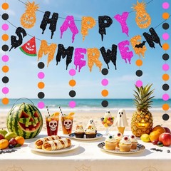 3 PCS Pre-Strung Happy Summerween Banner Set – NO-DIY Glitter Summer Hallowee…