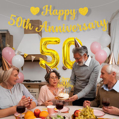 50th Anniversary Party Decorations Includes Gold Glitter Banner,Cake Topper,32-I