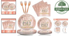 Stylish 60th Birthday Paper Plates and Napkins for 24 Guests in Pink Rose Gold
