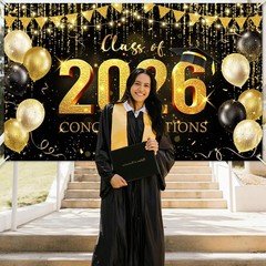 Graduation Backdrop Black and Gold Congratulations Class of 2026 Banner 2026 Gra