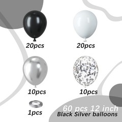 Black and Silver Balloons, 60pcs 12 Inches Black White Silver Confetti Balloo…