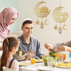 2 Pc Eid Mubarak Wooden Door Signs Moon & Stars Ramadan Wall Hangers