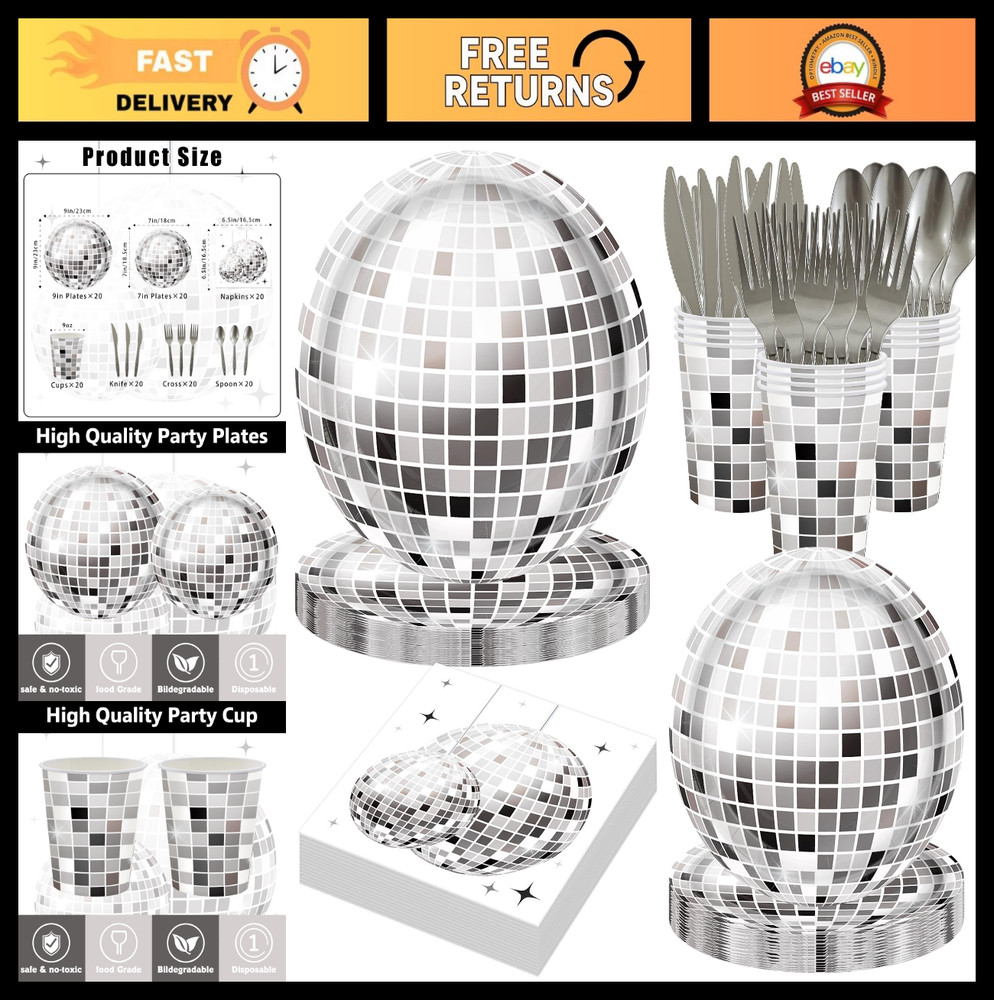 140PCS Disco Ball Party Decorations – Black Silver Plates & Napkins Set for 20 G
