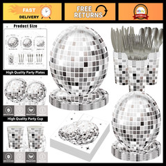 140PCS Disco Ball Party Decorations – Black Silver Plates & Napkins Set for 20 G