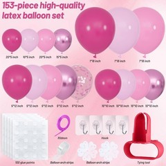 153pcs Pink Balloon Arch Garland Kit, Hot Pink Latex Balloons Metallic Confet…