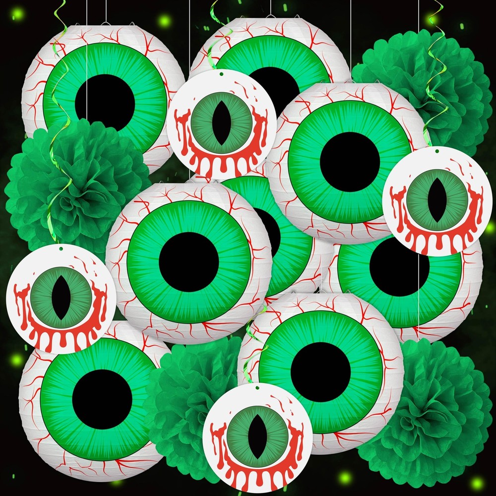 16Pcs Halloween Party Decorations Eyeballs Paper Lanterns Pom Poms Hanging Swirl
