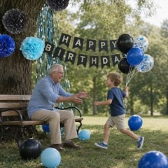 ANSOMO Blue and Black Happy Birthday Party Decorations for Boys Men Banner