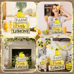Farmhouse Lemon Tiered Tray Decor – 4 Wooden Pieces for Rustic Summer Vibes