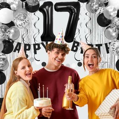 17th Birthday Decorations for Boys Girls, Silvery and Black Happy 17th Birthd…